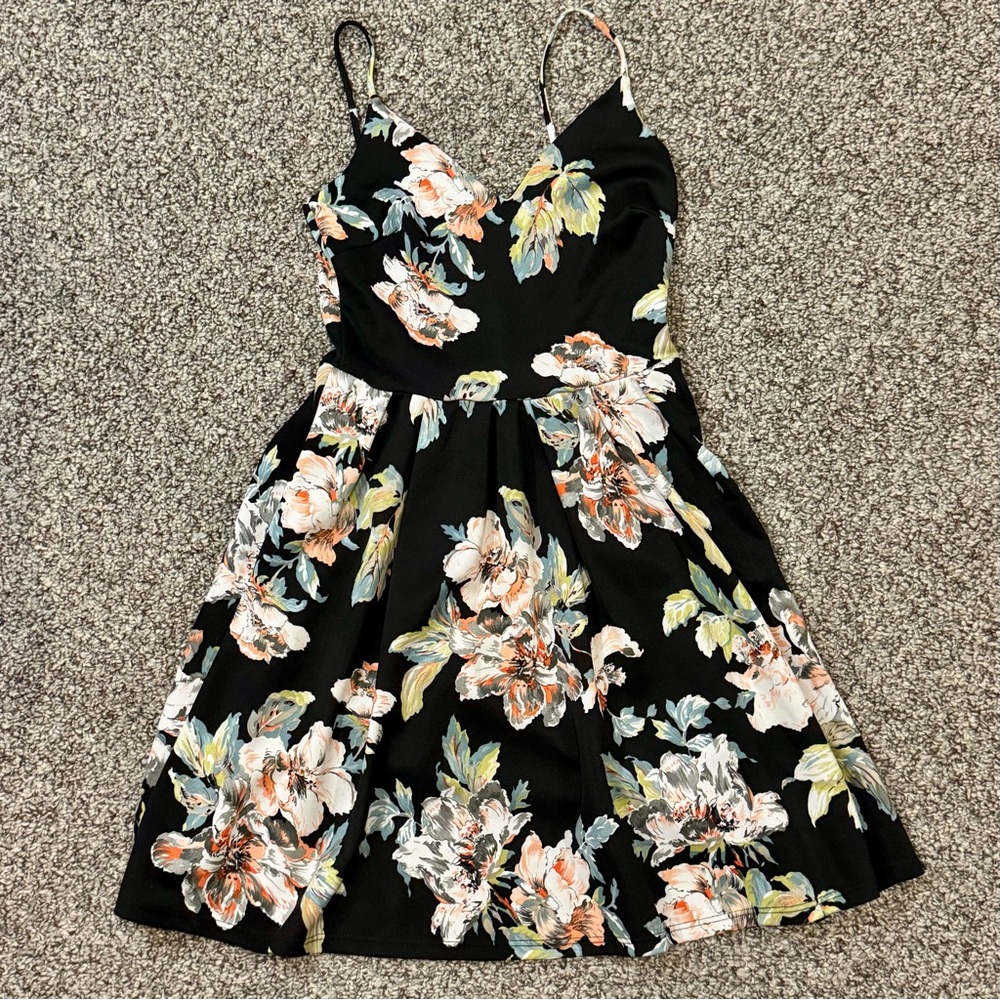 Soprano Black Floral Spaghetti Strap Dress with Peach & Green Accents - Picture 3 of 8